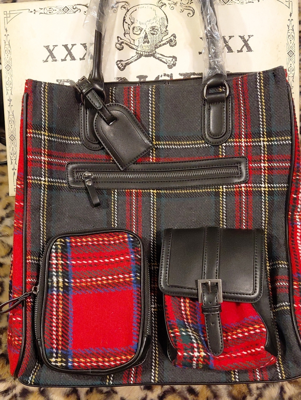 CURRENT MOOD Black & Red Plaid Tote Bag with Front Pouches TOP HANDEL CROSSBODY